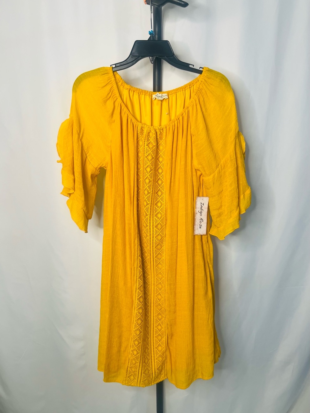 Indigo Rose Modern Boho Yellow Crochet-Trim Tunic Dress